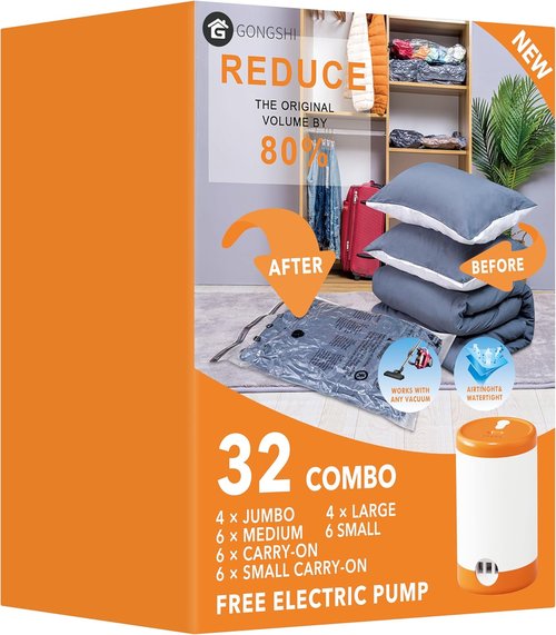 GONGSHI Vacuum Seal Bags - Space Saver for Travel & Home Storage | 32 Combo with Pump for Clothes & Blankets