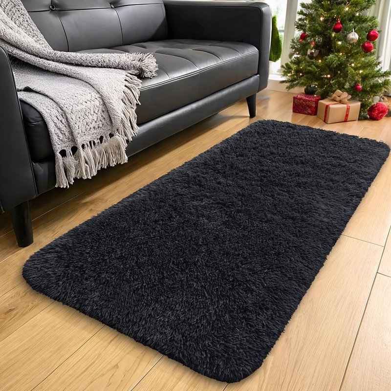 OLANLY 2x6 Machine Washable Runner Rugs for Hallway, Soft Fluffy Shaggy Bedside Rugs for Bedroom, Living Room, Indoor Floor Carpet for Kids Girls and Boys, Nursery Rooms, Home Decor Aesthetic, Black
