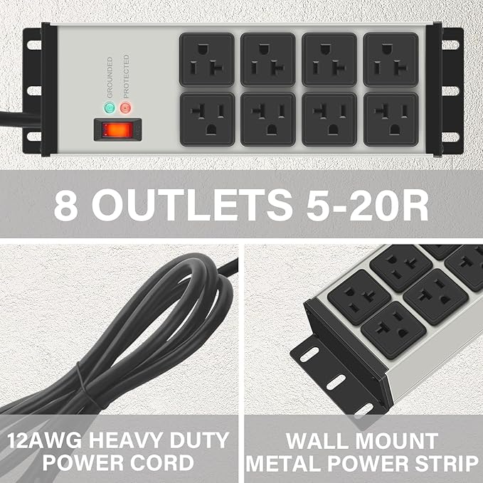 CCCEI Heavy Duty Power Strip Surge Protector 20 AMP Switch, 12 Gauge Extension Cord with Multiple Outlets, Industrial, Shop, Garage High Amp Wall Mount Electric Extender. 6FT, Grey.