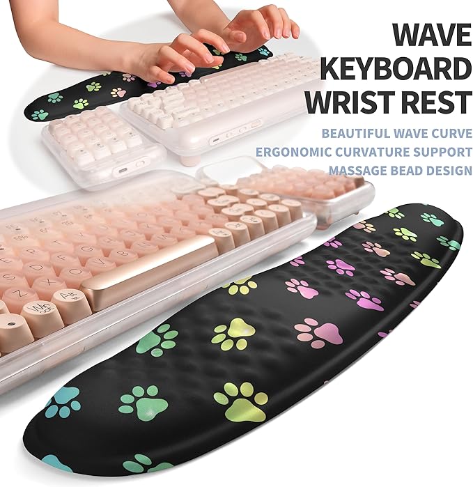 Gleamtide 2-in-1 Ergonomic Set, Wave Keyboard Wrist Rest and Massage Slope Mouse Pad Wrist Support, Rebound Memory Foam for Relieve Carpal Tunnel Syndrome and Wrist Pain (Cute Cat Claws)