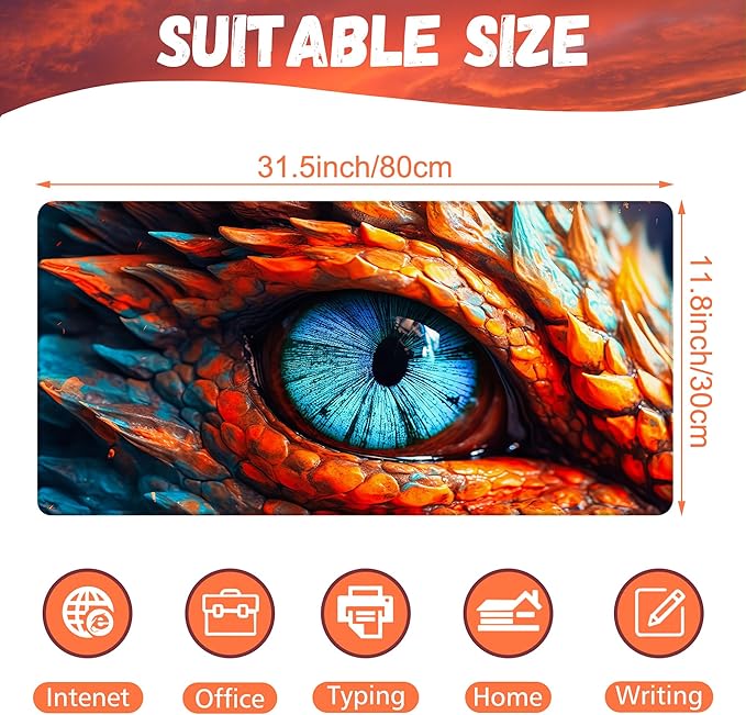 KOAIWPAE Large Gaming Mouse Pad for Desk, Dragon Blue Eyes Desk Mat, Dragon Eyes Desk Pad, 31.5"x15.7" Extended Big Computer Keyboard Mouse Pad with Non-Slip Base and Stitched Edge