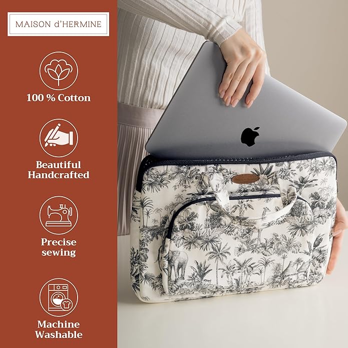 Maison d'Hermine Laptop Bag with Pocket Upto 15.5 inch Stain and Water Repellent Cotton Canvas Spring Summer (Savana Jouy - Black)
