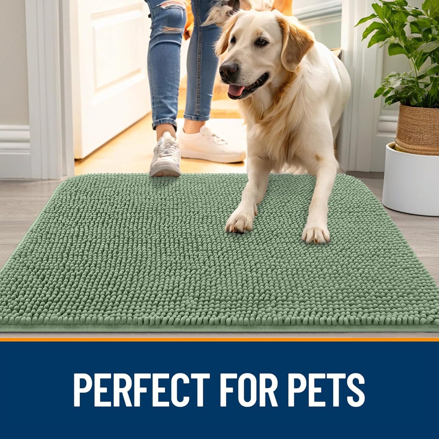 OLANLY Dog Door Mat - Absorbent Non-Slip Muddy Paws Mat | Quick Dry Chenille 32x20, Olive Green