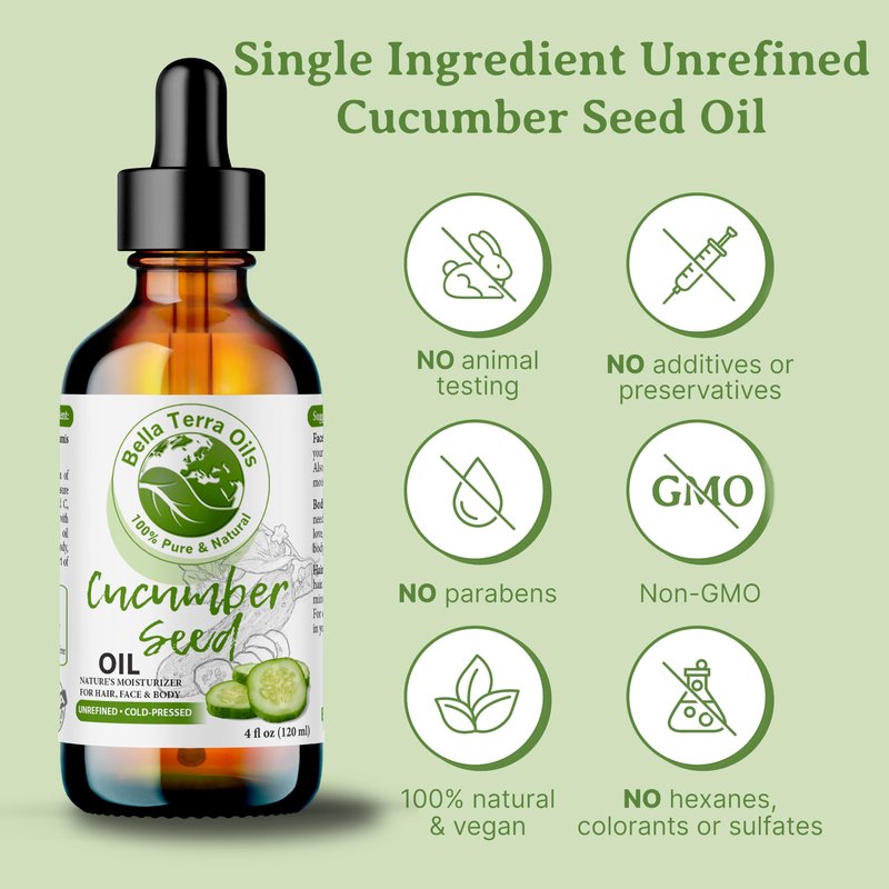 Bella Terra Oils - Cucumber Seed Oil 16oz - A Tribute to Cucumber's Vitality, Packed with Silica & Tocopherols, An Essential for Radiant Skin