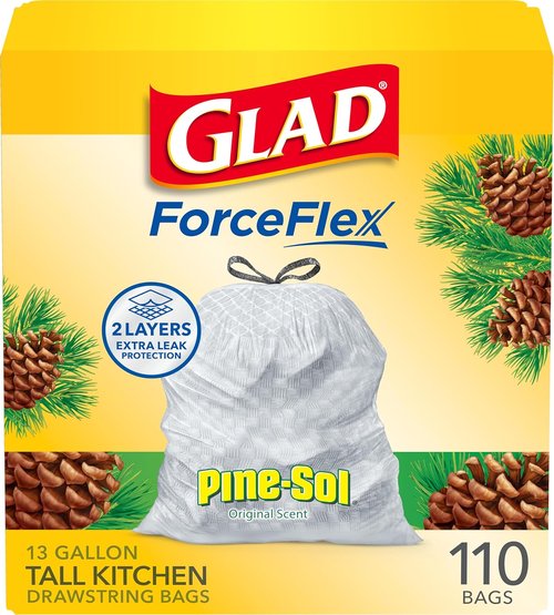 Glad ForceFlex Tall Kitchen Trash Bags - 13 Gallon Capacity, Pine-Sol Original Scent, 110 Count