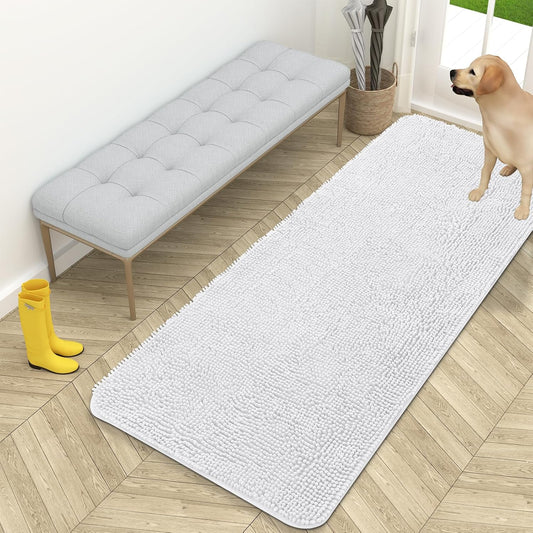 OLANLY Dog Door Mat - Absorbent Non-Slip Chenille Mat for Muddy Paws | 59x24 Inches, Quick Dry White