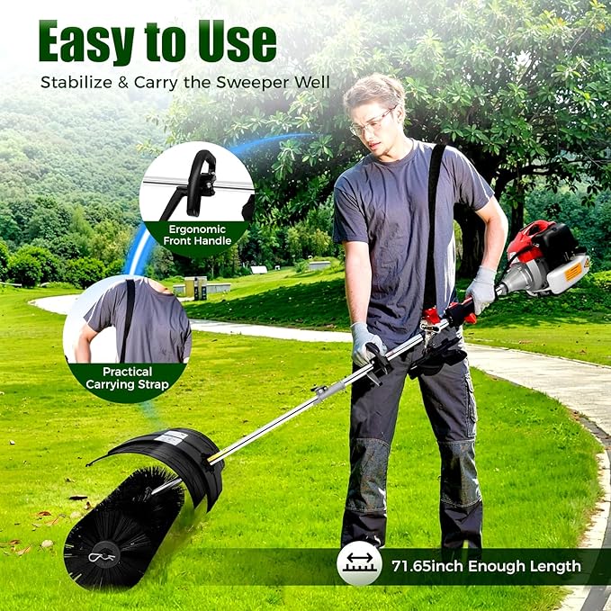 52CC 2-Stroke Gas Power Handheld Sweeper Broom,2.3HP 8500RPM Artificial Grass Brush Lawn Cleaner,20.47in Walk Behind Sweeper Grass Cleaner Tools for Boulevards,Driveways,Lawns,Sidewalks
