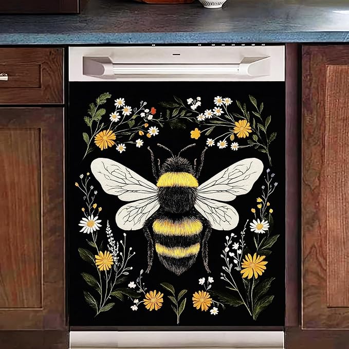 Bee Large Dishwasher Magnet Magnetic Cover 23x26 inch Bee Dishwasher Magnet Decoration Flower Refrigerator Sticker Farmhouse Kitchen Home Appliance Decorative Washer Kitchen Decor