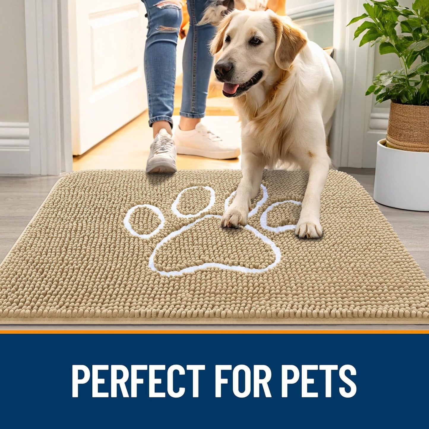 OLANLY Dog Door Mat - Absorbent Non-Slip Mud Mat for Paws | 44x32 Paw Print Design in Beige