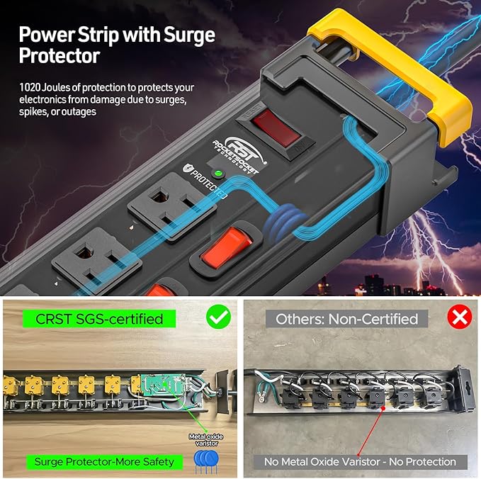CRST 12-Outlet Metal Power Strip with Individual Switches, Wide Spacing for Bulky Plugs, 1020J Surge Protector, 9FT Cord with Cable Management for Home School Office Garage & Workbench (15A/1875W)
