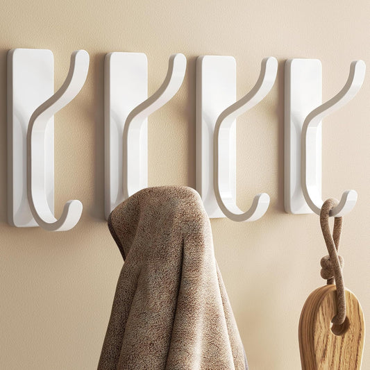 Pickpiff Adhesive Wall Coat Hooks - Heavy-Duty Stick-On Metal Hangers for Towels, Bags, and More | White, 4-Pack