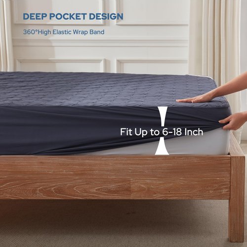 BEDLORE Waterproof Mattress Protector, King Size Mattress Pad with Deep Pocket 6"-18" Depth, Soft Dirt-Proof Double Bed Mattress Cover for Bedroom, College Dorm, Hotel (Navy Blue)