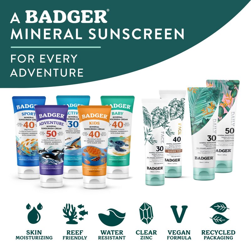 Badger Tinted Sunscreen for Face SPF 40, Lightweight Tinted Mineral Sunscreen w/Sheer Tint Warm Finish for Light or Dark Skin, No White Cast, 80% Organic, Vegan, Water Resistant, Unscented, 1.7 fl oz