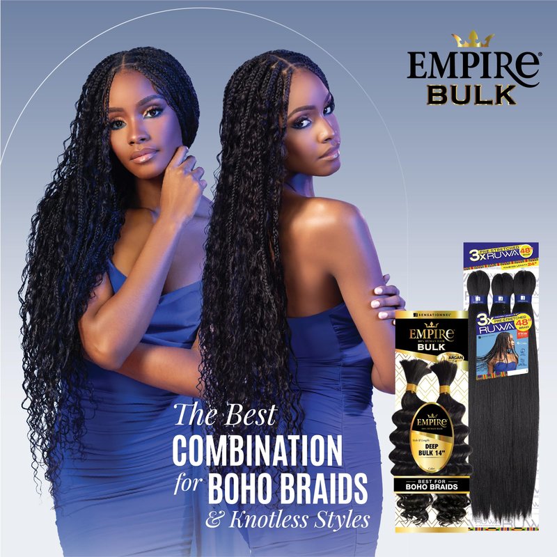 Sensationnel Empire Bulk Braiding – Deep Human Hair Braids for Knotless Boho Box or Curly Loose Wave Styles - 1 pack (14 inch, 1B OFFBLACK)
