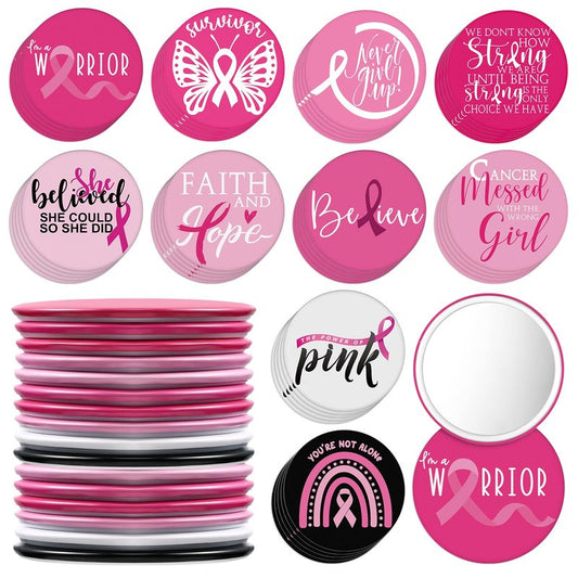 Wonderjune 100 Pcs Breast Cancer Awareness Gifts Pocket Mirror Bulk Portable Travel Mirrors Pink Ribbon Breast Survivor Compact Mirror for Charity Women Public School Events Supplies (Inspirational)