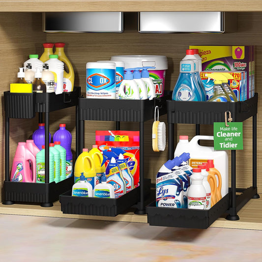Sevenblue 3-Pack Under Sink Organizers - 2-Tier Kitchen & Bathroom Storage with Sliding Drawers | Black, 14.8 Inch