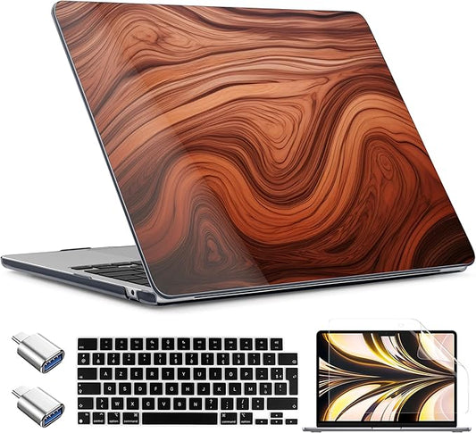 TWOLSKOO for MacBook Air 15 inch Case 2026 2025 2024 2023 Release M5 A3448 M4 A3241 M3 A3114 M2 A2941, Plastic Hard Shell & Screen Protector & Keyboard Cover & Type C Adapter, Wood Grain
