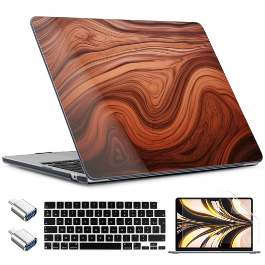 TWOLSKOO for MacBook Air 15 inch Case 2026 2025 2024 2023 Release M5 A3448 M4 A3241 M3 A3114 M2 A2941, Plastic Hard Shell & Screen Protector & Keyboard Cover & Type C Adapter, Wood Grain