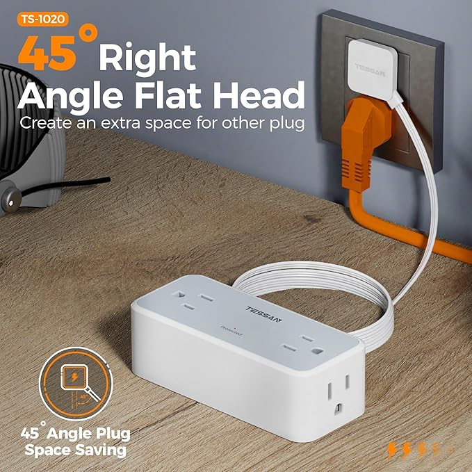TESSAN Flat Plug Extension Cord 5 FT, Surge Protector Power Strip with 4 AC Outlets, 900 Joules Protection, Multiple Wall Outlet Extender Suitable for Office Dorm, Grey