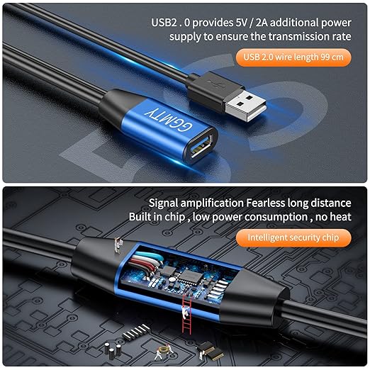 GGMTY USB 2.0 Type A Male to A Female Active Repeater Extension Cable 30ft, High Speed 480 Mbps