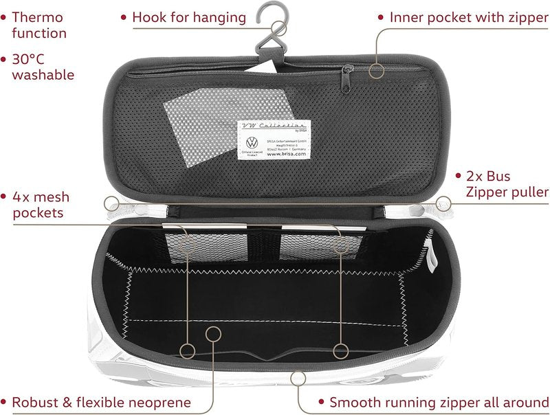 Volkswagen Neoprene Makeup Bag - Universal Toiletry Travel Organizer | T1 Bus Design (Large, Gray)