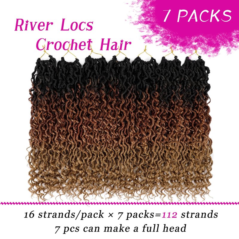 Goddess Locs Crochet Hair 18 Inch 7 Packs Ombre Brown Boho Faux Locs Crochet Hair for Black Women Pre Looped Crochet Locs with Curly Ends (1B/30/27)