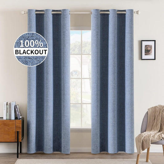 MIULEE Linen Blackout Curtains - 100% Room Darkening Thermal Insulated Grommet Panels | 42" x 90" Stone Blue (2 PCs)
