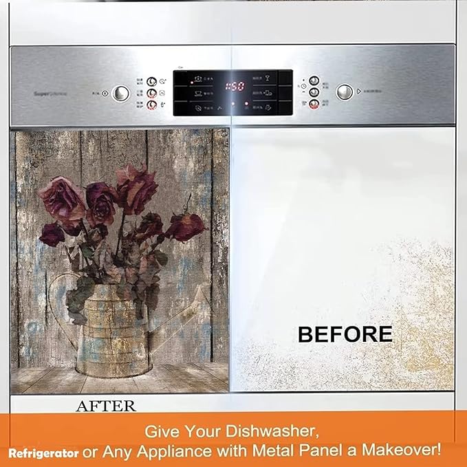 Retro Farm Wood Dishwasher Cover Door Decorative,Retro Rose Dishwasher Magnet Cover Front Sticker,Vintage Farm Floral Dishwasher Decal Home Appliance Panel Stickers 23"x26"