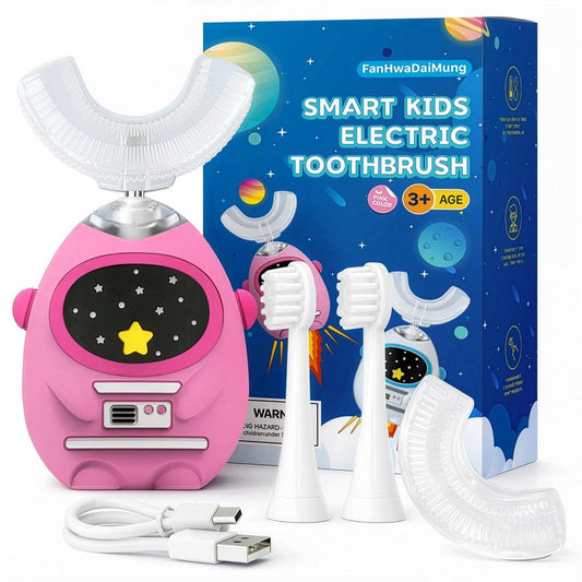 Kids U Shaped Electric Toothbrush for Ages 3-7, Music & Voice Guided Brushing, 4 Brush Heads for Back Teeth Care, 45s Timer & Type-C Rechargeable Training Toothbrush for Kids, Power Pink