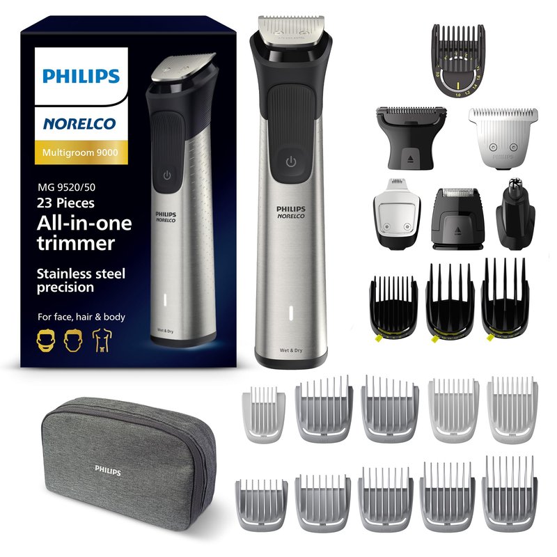 Norelco Philips Multigroom 9000 Series, All-in-One Trimmer, Beard Trimmer and Hair Clipper, 23-Piece Men's Grooming Kit for Beard, Body, Face, Nose, Ear and Intimate Areas, MG9520/50