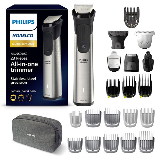 Norelco Philips Multigroom 9000 Series, All-in-One Trimmer, Beard Trimmer and Hair Clipper, 23-Piece Men's Grooming Kit for Beard, Body, Face, Nose, Ear and Intimate Areas, MG9520/50