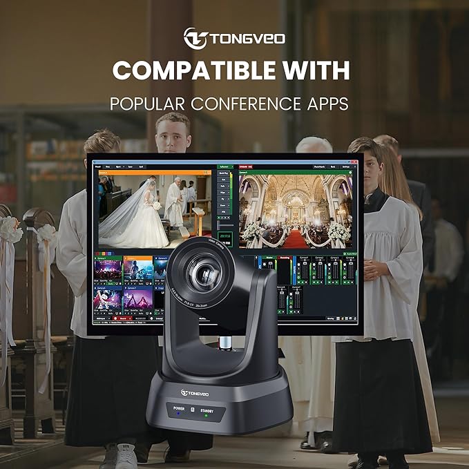 TONGVEO Conference Room PTZ Camera System with 20X Optical Zoom, AI Auto Tracking 1080P 60fps HDMI USB Webcam for Church Streaming Online Video Conference,Compatible with Zoom, OBS Easy Setup