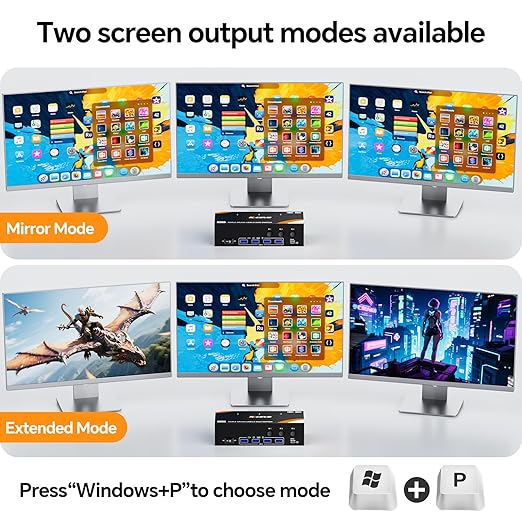 KCEVE USB 3.0 KVM Switch 3 Monitors 3 Computers Displayport HDMI, Triple Monitor KVM Switch 8K@60Hz 4K@144Hz for 3 Computers Share Mouse Keyboard, Wired Remote and Power Adapter
