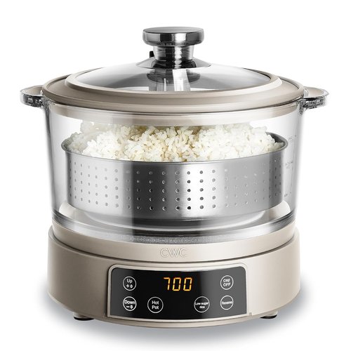 COOK WITH COLOR 3L Glass Mini Rice Cooker - Auto Lift Filter Basket & Steamer, 2 Cups Raw/6 Cups Cooked, Greige