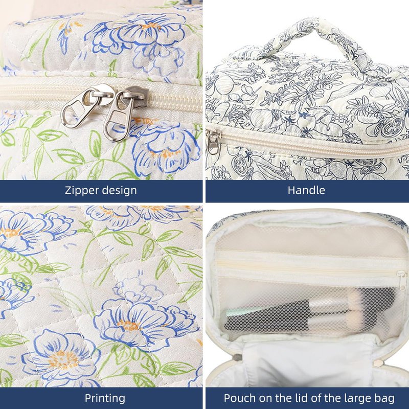 Quilted Floral Makeup Bag 3PCS, Cute Cotton Coquette Aesthetic Travel Toiletry Bag, Zipper Cosmetic Pouch, Daily Travel Use Skincare Bag, Large Capacity (Powder Blue Botanical)