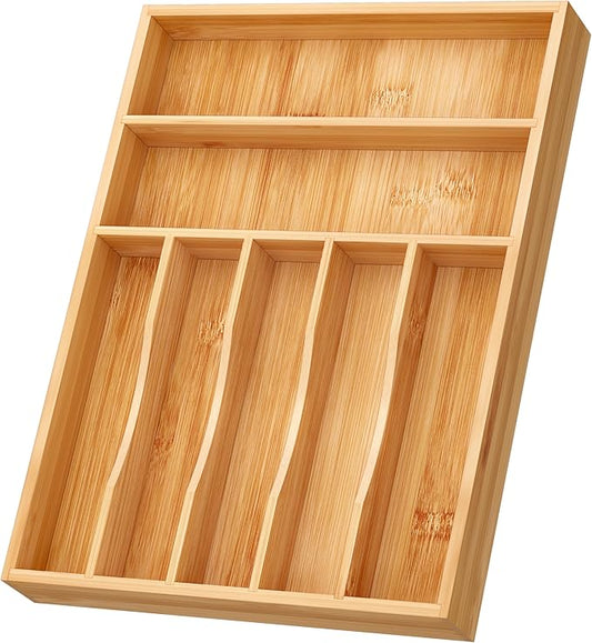 BAMEOS Bamboo Silverware Drawer Organizers, 11.9 inch Utensil Drawer Organizer for Kitchen Drawers, 7 Slots Total Large Flatware Organizer for Knives Cutlery Spoons Forks (Natural)