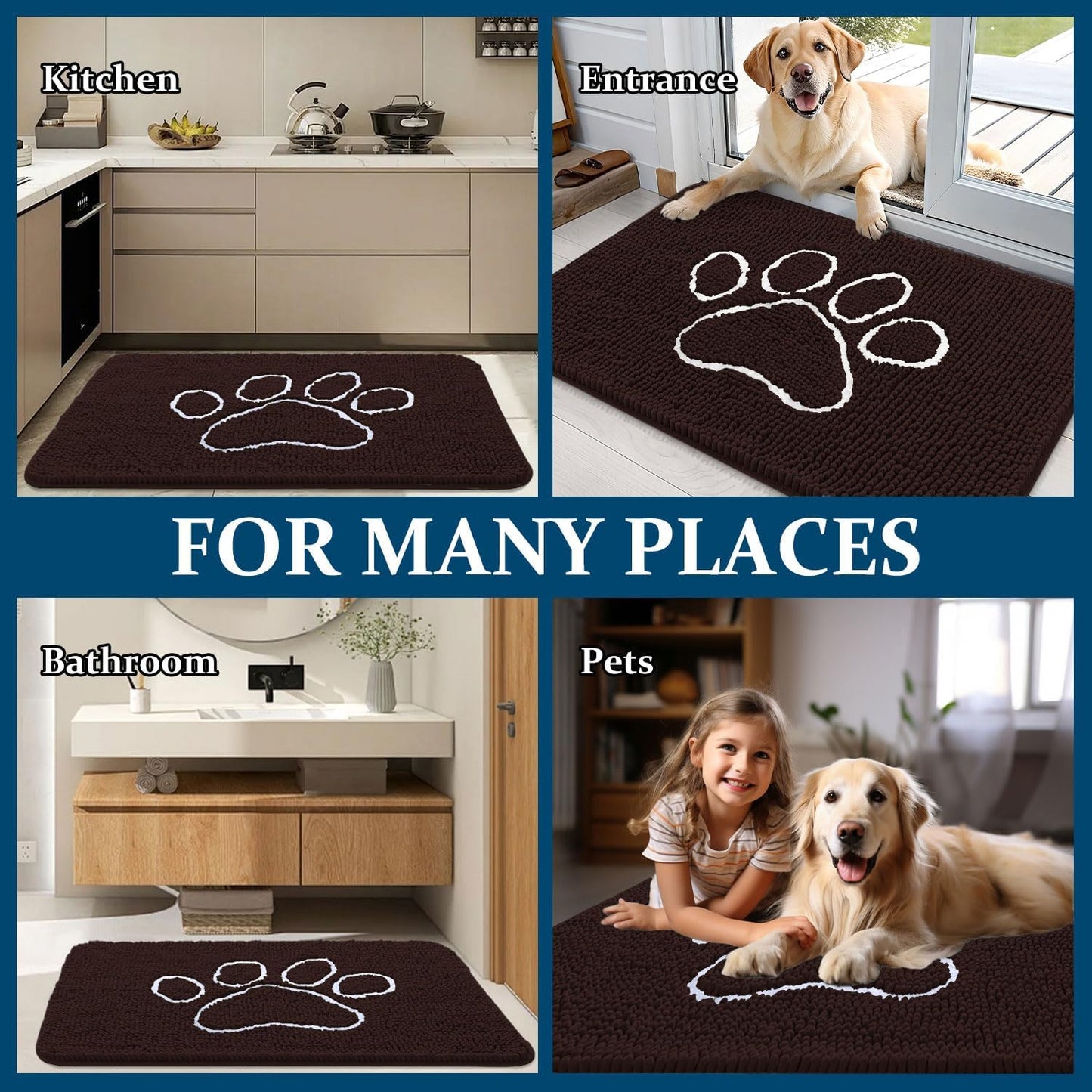 OLANLY Dog Door Mat - Absorbent Non-Slip Mud Mat for Dogs | Paw Print Design 40x32, Quick Dry Brown