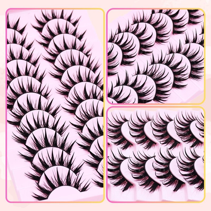 Anime Manga Style Cat Eye False Eyelashes 10 Pairs Wet Look C-Curl Spiky Makeup Lashes with Cotton Band for Cosplay, Daily Wear & Party