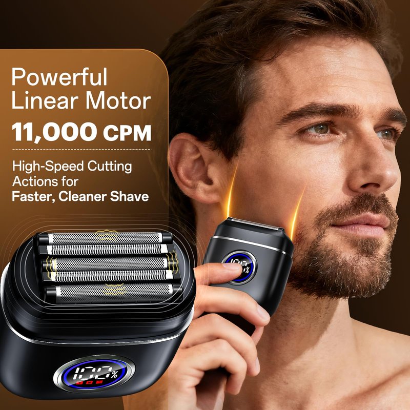 Electric Razor for Travel Men – 5 Blade Portable Foil Shaver with High-Speed Motor for Beard & Mustache Close Shave, Waterproof Wet/Dry Use, Mini Cordless USB-C Rechargeable, Black