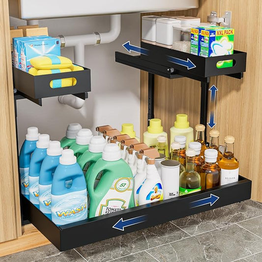Insputer Upgrade 2 Tier Under Sink Organizer with 3 Slide Rails, Metal Under Cabinet Storage Expandable 15"-25" W & Height Adjustable, Thickened Pull Out Shelf for Bathroom, Kitchen, Laundry, Pantry