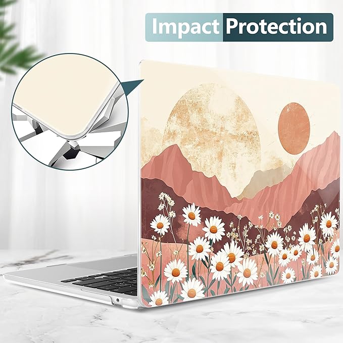 TWOLSKOO for MacBook Air 13 inch Case M5 2026 M4 2025 M3 M2 2024-2022 A3449 A3240 A3113 A2681, Plastic Hard Shell & Keyboard Cover & Type C for MacBook Air 13.6 inch Case, Mountains & Daisies