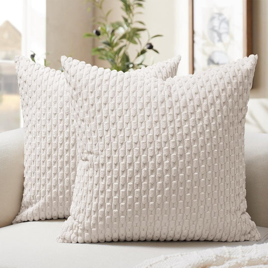 Softalker Throw Pillow Covers - Set of 2, 18x18 Inch Soft Corduroy Boho Stripe for Farmhouse Decor | Beige