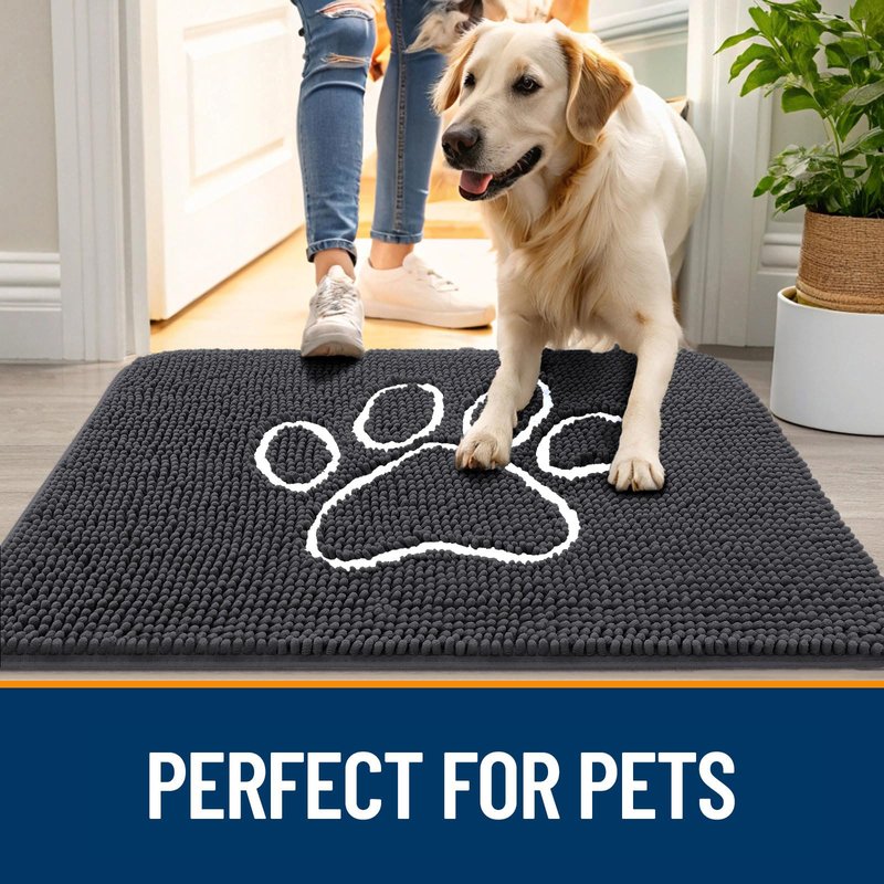 OLANLY Dog Door Mat for Muddy Paws 59x24, Paw Print Design, Absorbs Moisture and Dirt, Absorbent Non-Slip Washable Doormat, Quick Dry Chenille Mud Mat for Dogs, Entry Indoor Entryway Carpet, Dark Grey
