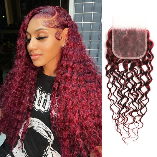 ALHER 4x4 HD Lace Closure Brazilian Human Hair 99j Dark Burgundy Water Wave, 12A Cherry Red Wine Red Color 4x4 Lace Closure 100% Unprocessed Remy Hair Wet n Wavy Free Part & Bleached Knots 12 Inch