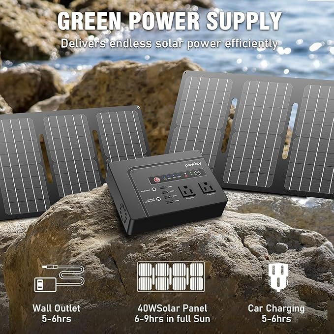 powkey Solar Powered Generator, 200W Portable Power Station with Solar Panels 40W, 146Wh Power Bank with 2 AC Outlet 110V Pure Sine Wave for Outdoor Camping Emergency Home