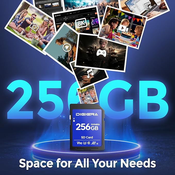 DIGIERA 256GB LSU200 SDXC UHS-II Memory Card - up to 300MB/s, C10, U3, V90, 8K, SD Card for Computers, Digital Cameras, Home Theatre Devices, Car Navigation Systems (2 Pack)