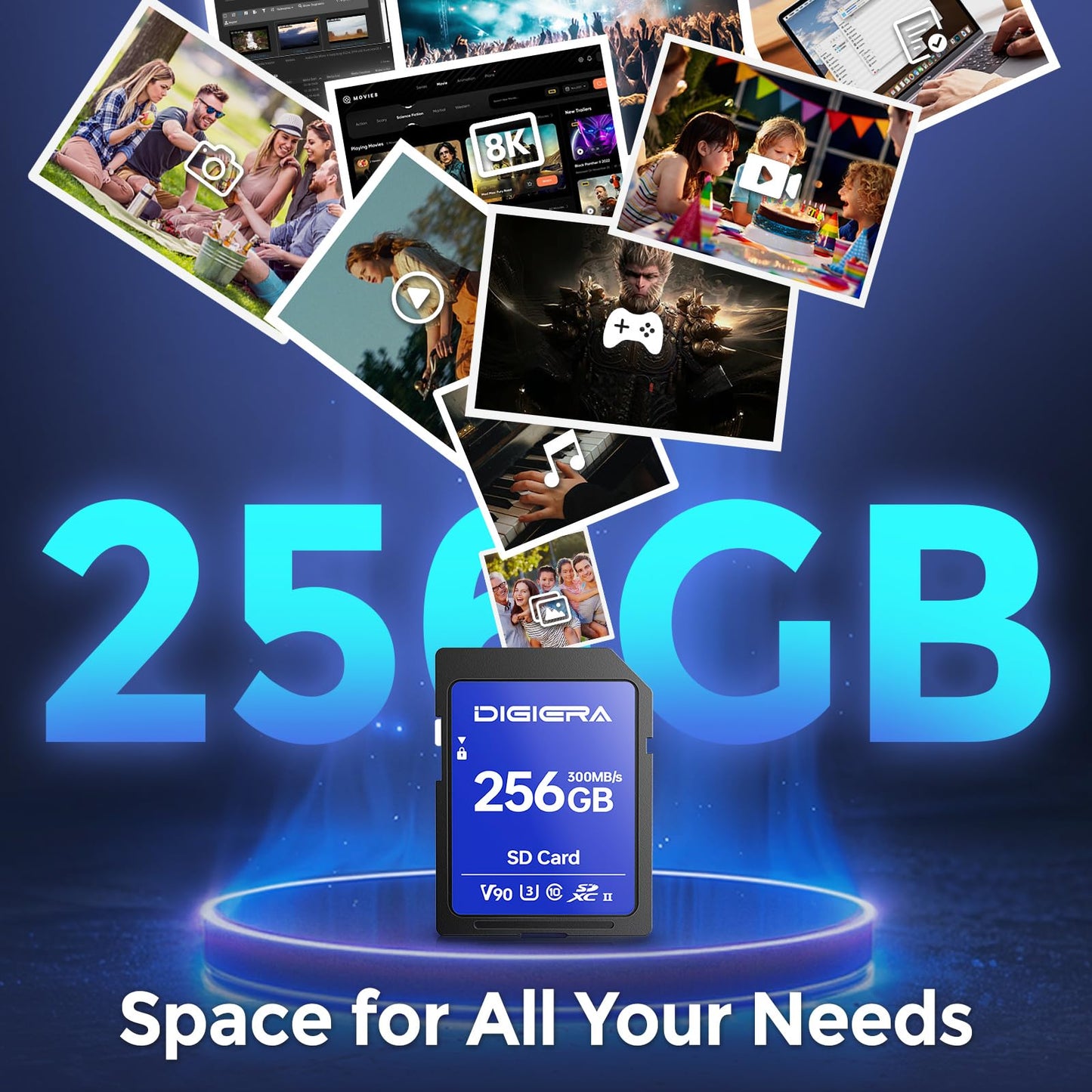 DIGIERA 256GB LSU200 SDXC UHS-II Memory Card - up to 300MB/s, C10, U3, V90, 8K, SD Card for Computers, Digital Cameras, Home Theatre Devices, Car Navigation Systems (1 Pack)
