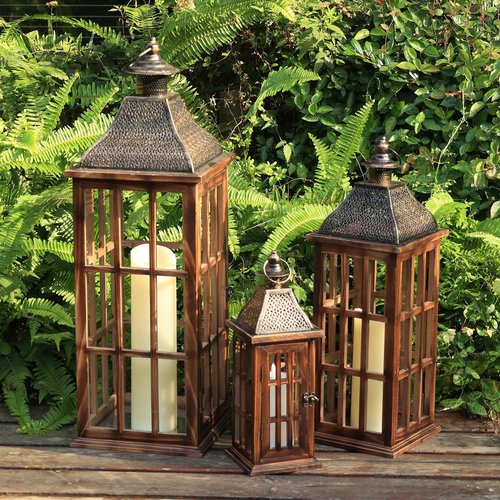 Decorkey Large Rustic Wooden Lantern Set - 3 Sizes (27"/22"/15") for Indoor & Outdoor Decor | Brown