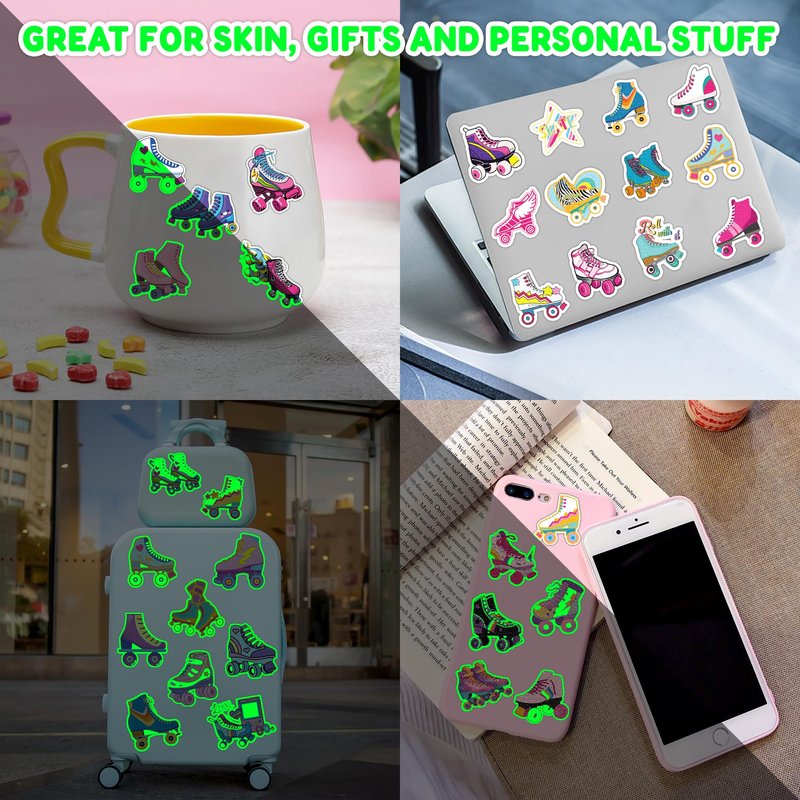 96 PCS Roller Skate Skating Pre-Cut Luminous Temporary Tattoos Themed Birthday Party Favors Decorations Supplies Decor Retro 80s 90s Disco Glow In The Dark Tattoo Stickers Gifts For Boys Girls Class