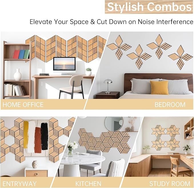 Mollywell Acoustic Panels, PVC Wood-Grain, 14x12 Inch Hexagon Carved Sound Proof Wall Tiles, Self-Adhesive High Density Felt for Home Theater/Studio/Office Echo Reduction, 12 Pack Natural Oak,TW4